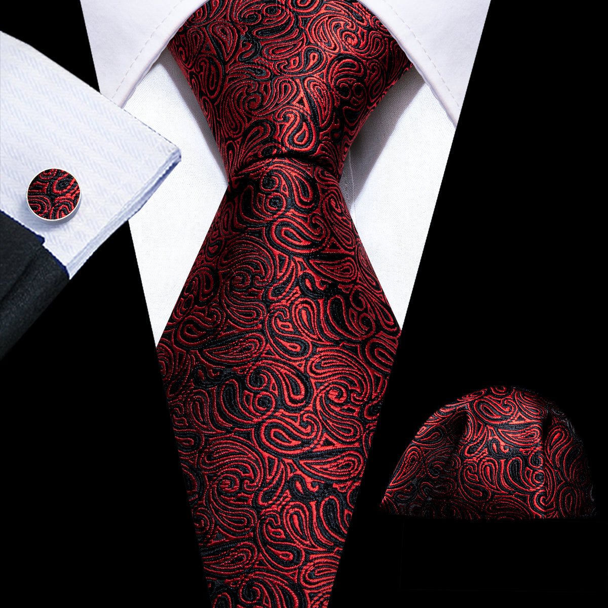 Maroon Black Paisley Silk Tie, Pocket Square and Cufflinks Set tie sets - Sophisticated Gentlemen