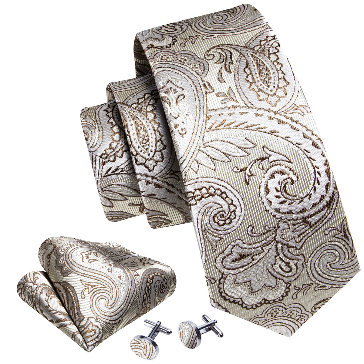 Silver White Paisley Silk Tie, Pocket Square and Cufflinks Set tie sets - Sophisticated Gentlemen