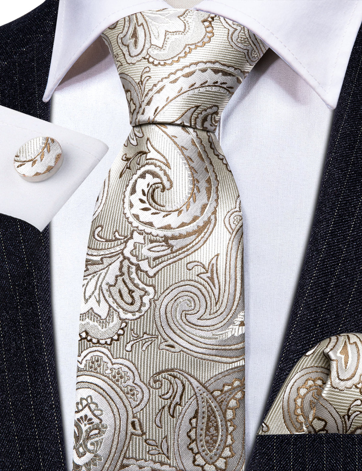 Silver White Paisley Silk Tie, Pocket Square and Cufflinks Set tie sets - Sophisticated Gentlemen
