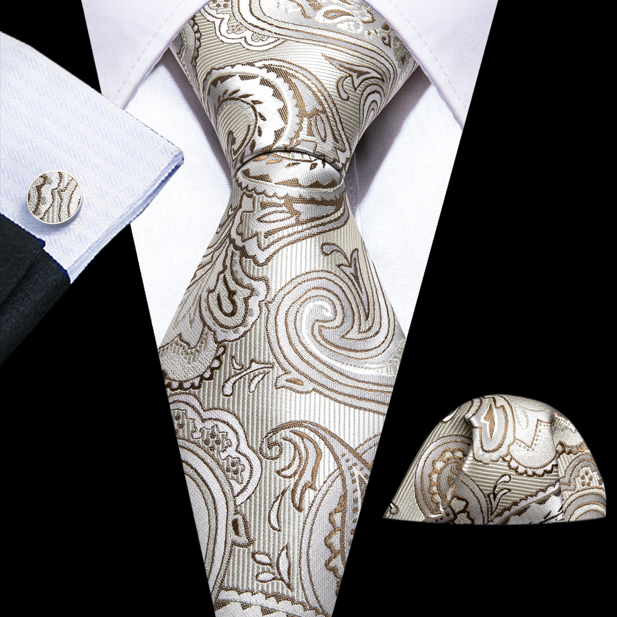 Silver White Paisley Silk Tie, Pocket Square and Cufflinks Set tie sets - Sophisticated Gentlemen