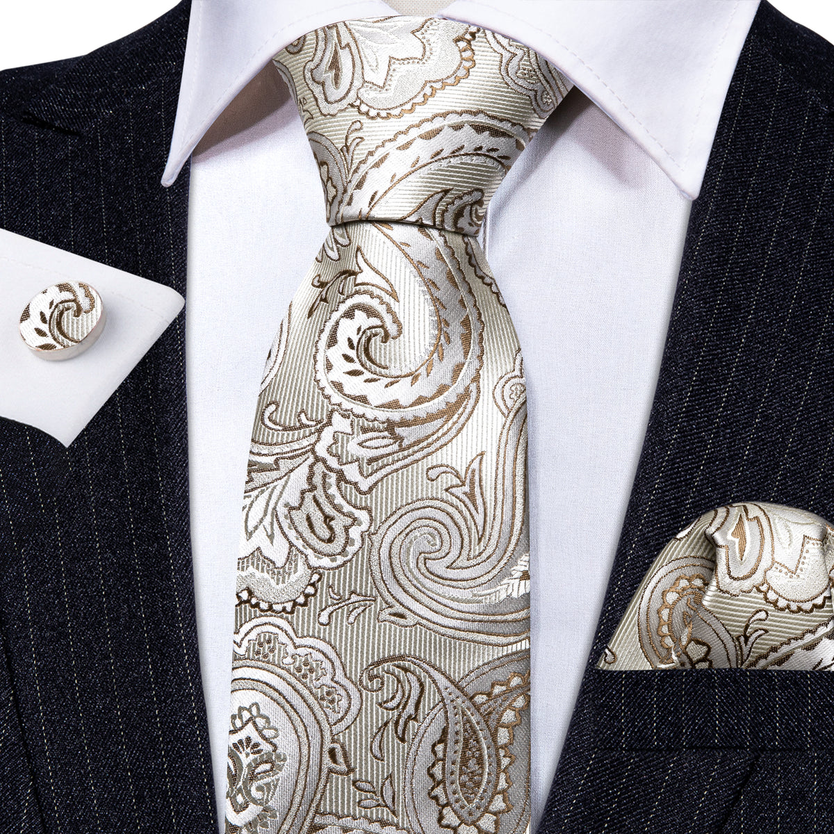 Silver White Paisley Silk Tie, Pocket Square and Cufflinks Set tie sets - Sophisticated Gentlemen