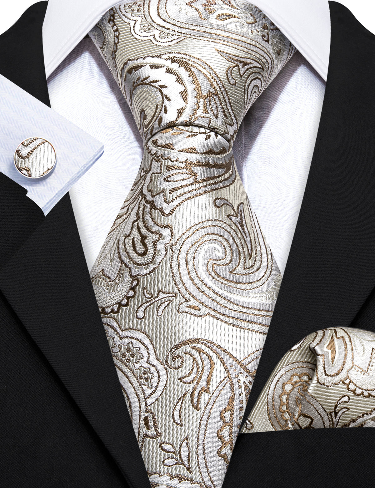 Silver White Paisley Silk Tie, Pocket Square and Cufflinks Set tie sets - Sophisticated Gentlemen