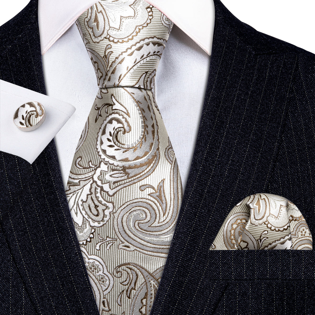 Silver White Paisley Silk Tie, Pocket Square and Cufflinks Set tie sets - Sophisticated Gentlemen