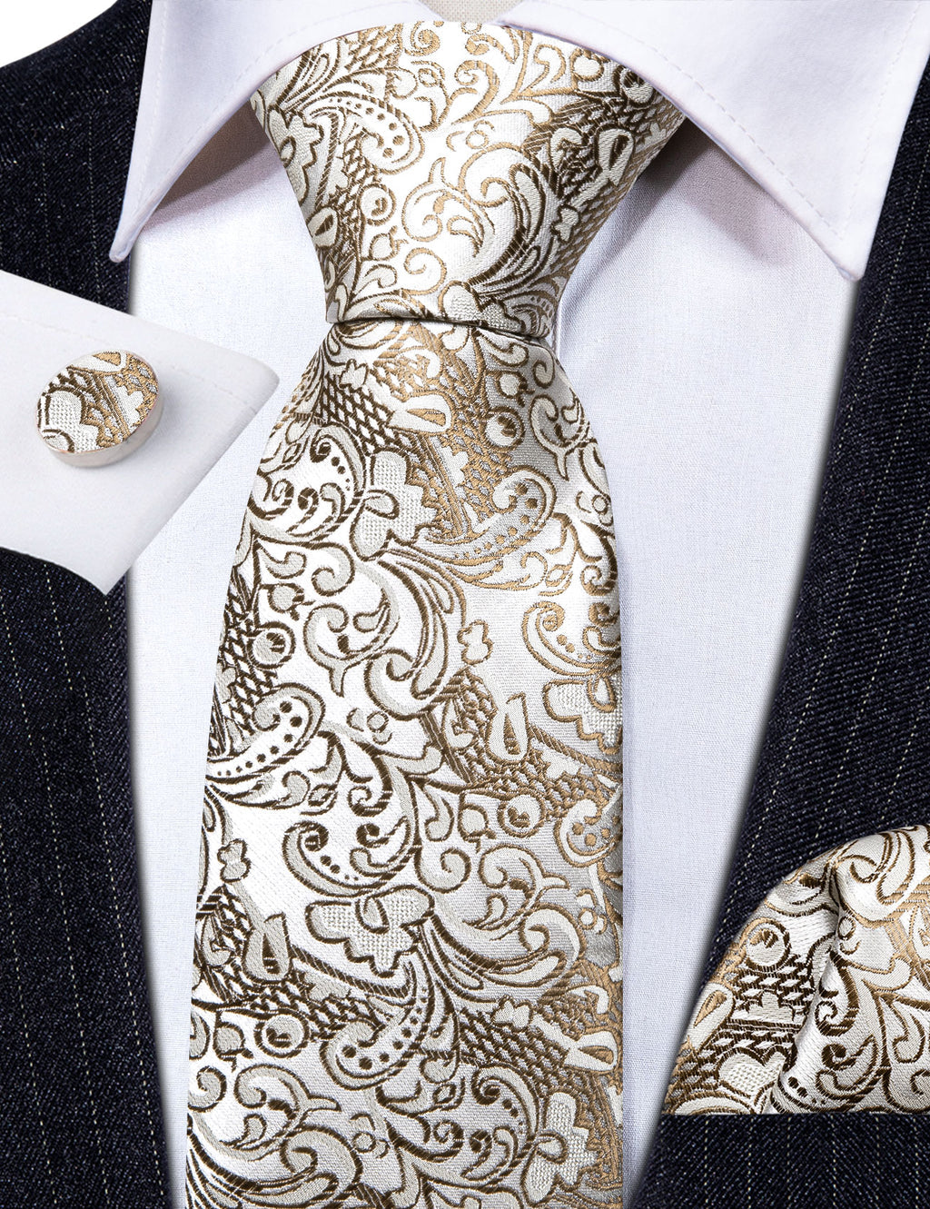 Gold White Paisley Silk Tie, Pocket Square and Cufflinks Set tie sets - Sophisticated Gentlemen
