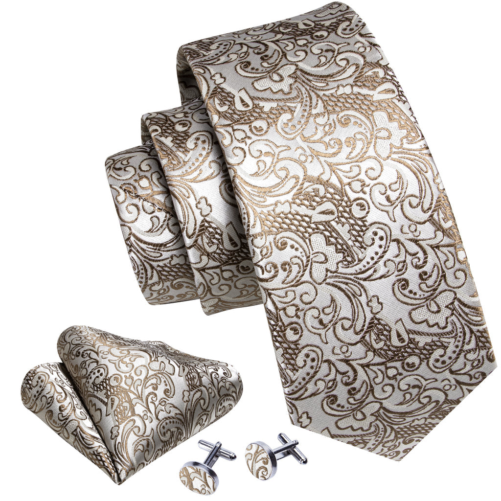 Gold White Paisley Silk Tie, Pocket Square and Cufflinks Set tie sets - Sophisticated Gentlemen