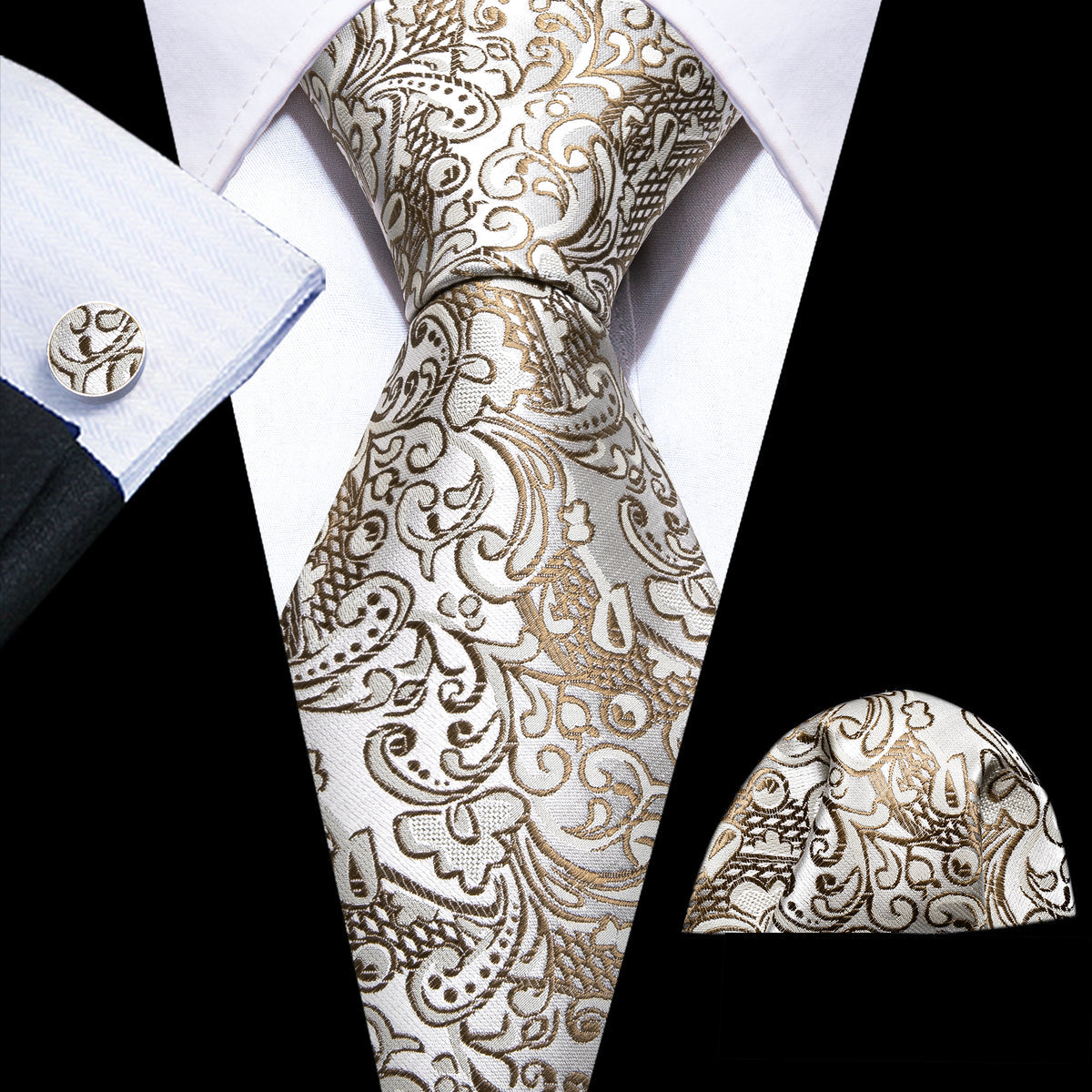 Gold White Paisley Silk Tie, Pocket Square and Cufflinks Set tie sets - Sophisticated Gentlemen