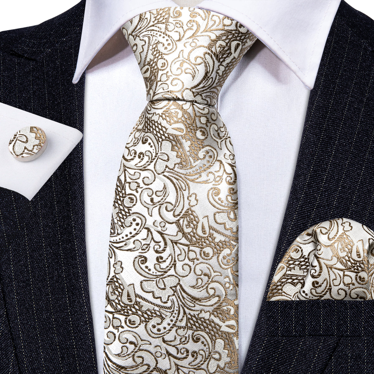 Gold White Paisley Silk Tie, Pocket Square and Cufflinks Set tie sets - Sophisticated Gentlemen