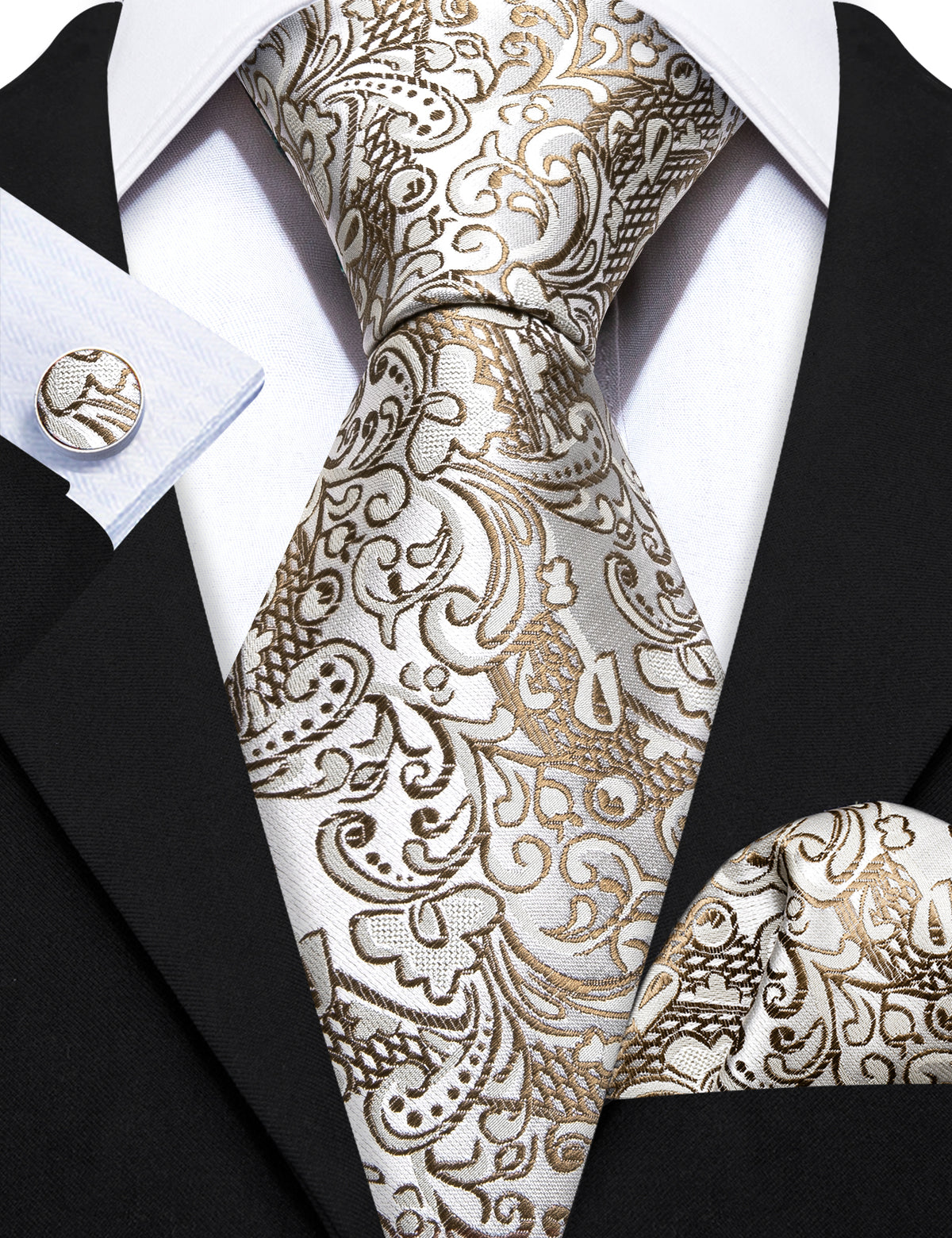 Gold White Paisley Silk Tie, Pocket Square and Cufflinks Set tie sets - Sophisticated Gentlemen