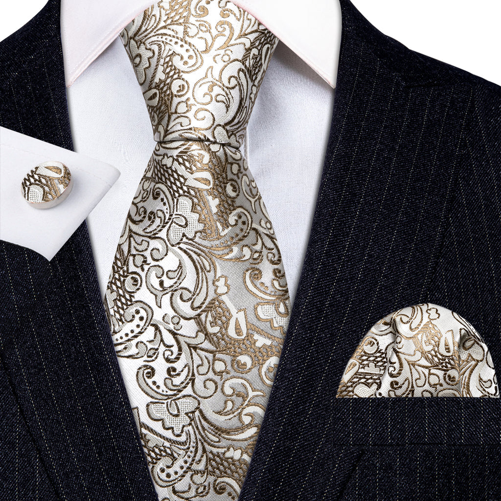 Gold White Paisley Silk Tie, Pocket Square and Cufflinks Set tie sets - Sophisticated Gentlemen
