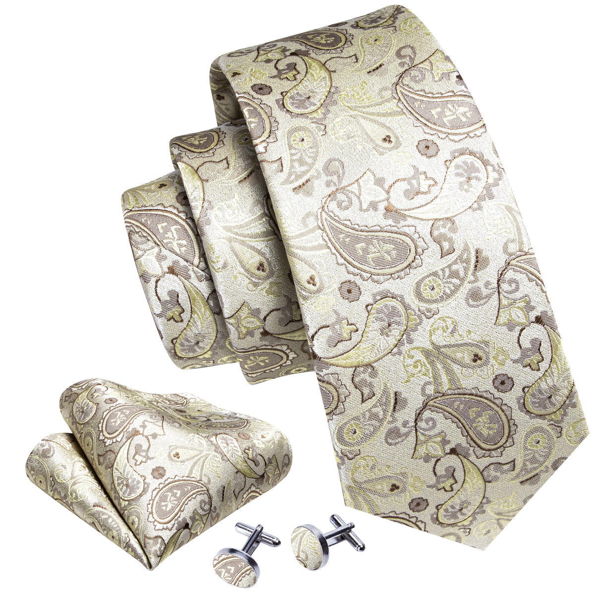 Light Yellow Paisley Silk Tie, Pocket Square and Cufflinks Set tie sets - Sophisticated Gentlemen