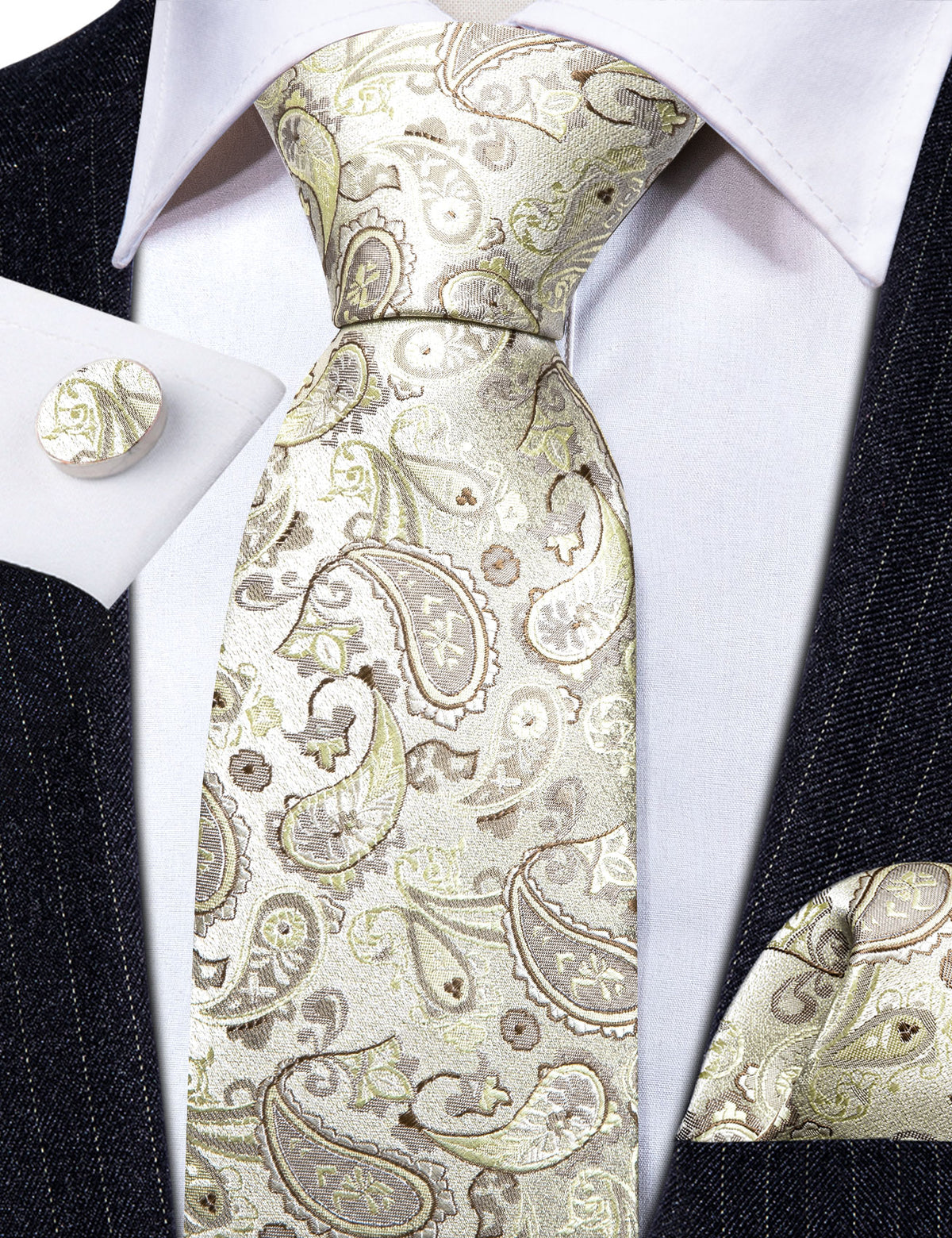 Light Yellow Paisley Silk Tie, Pocket Square and Cufflinks Set tie sets - Sophisticated Gentlemen