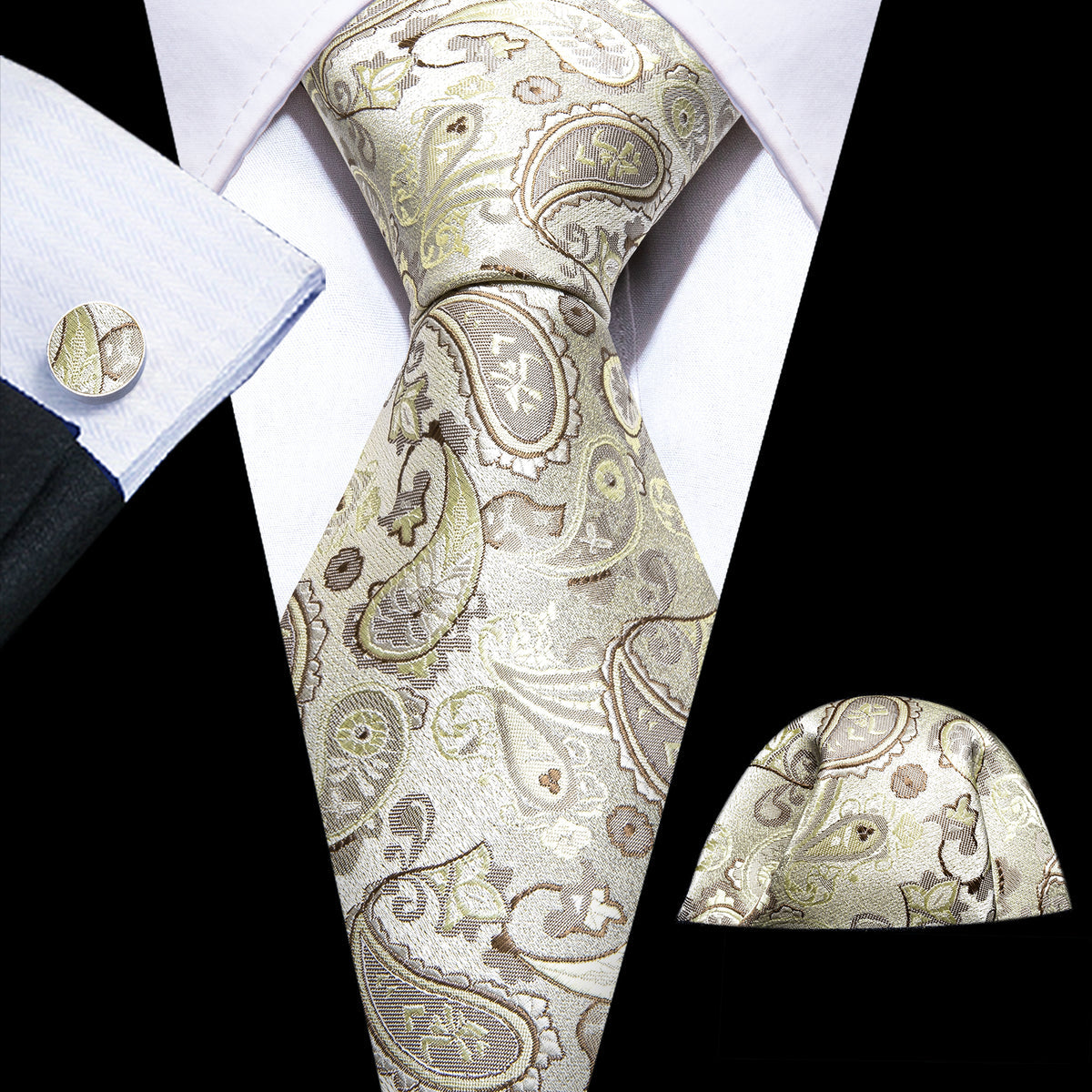 Light Yellow Paisley Silk Tie, Pocket Square and Cufflinks Set tie sets - Sophisticated Gentlemen