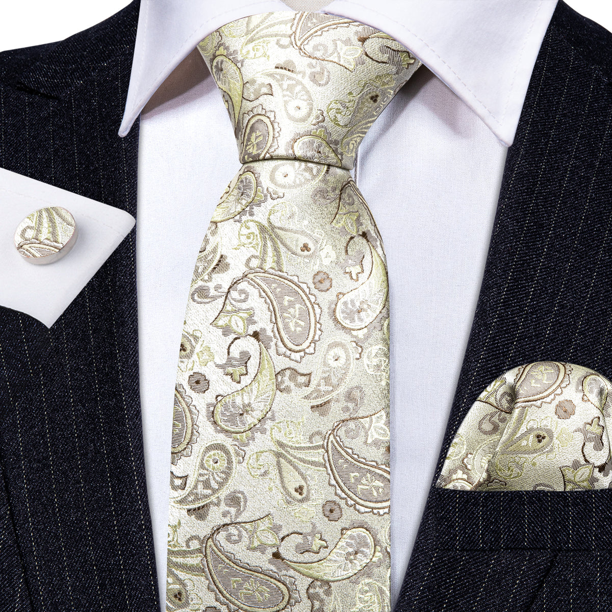 Light Yellow Paisley Silk Tie, Pocket Square and Cufflinks Set tie sets - Sophisticated Gentlemen