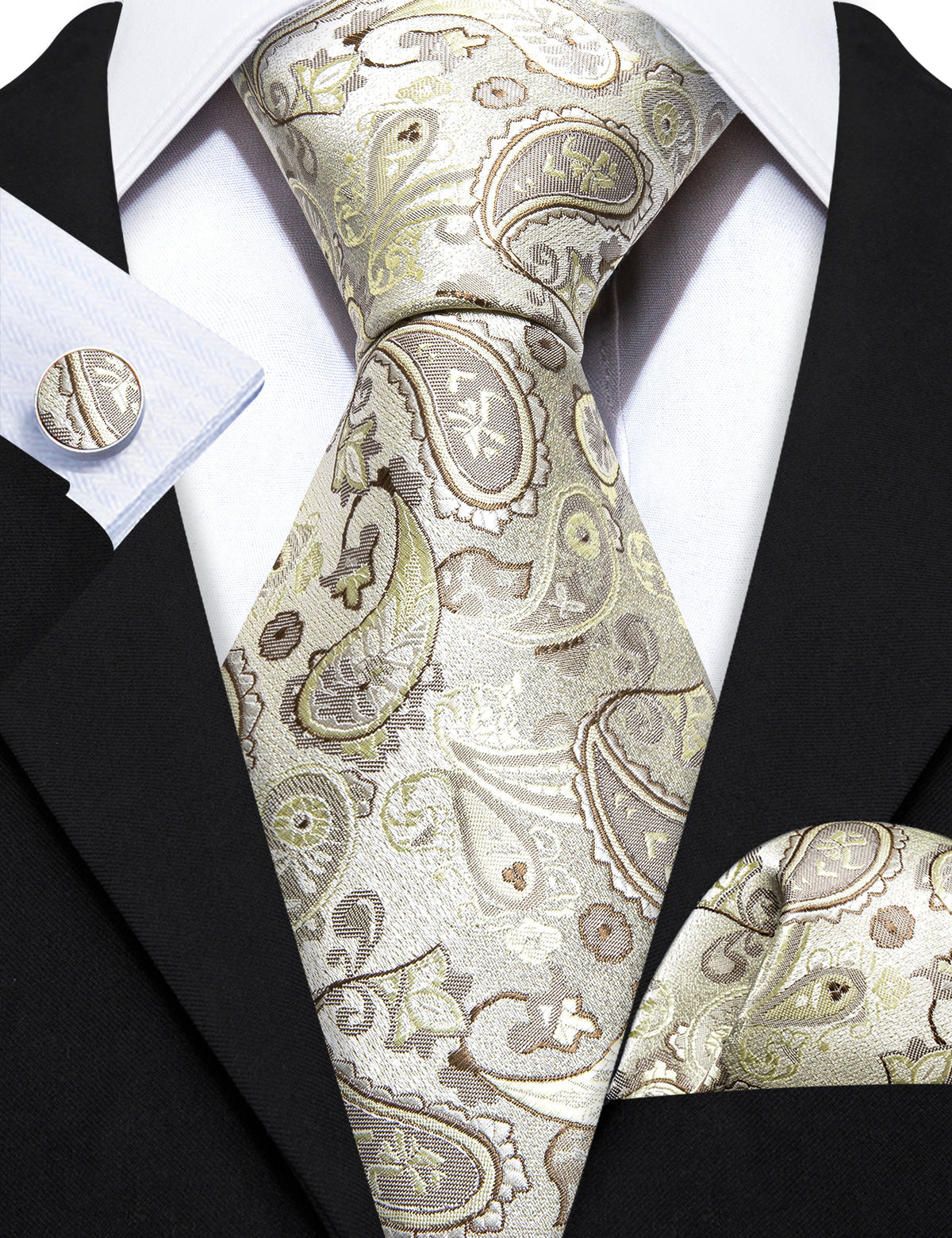 Light Yellow Paisley Silk Tie, Pocket Square and Cufflinks Set tie sets - Sophisticated Gentlemen