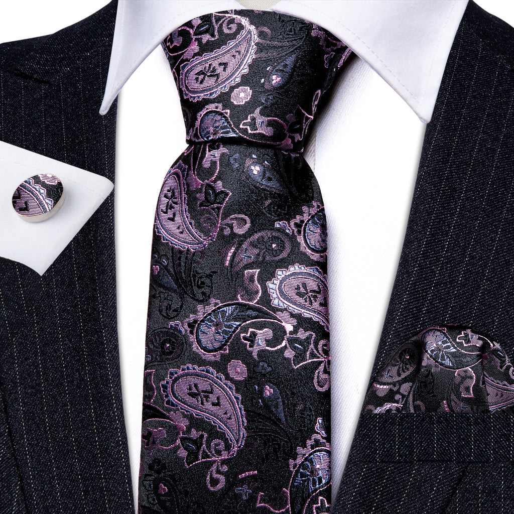Black Pink Paisley Silk Tie, Pocket Square and Cufflinks Set tie sets - Sophisticated Gentlemen