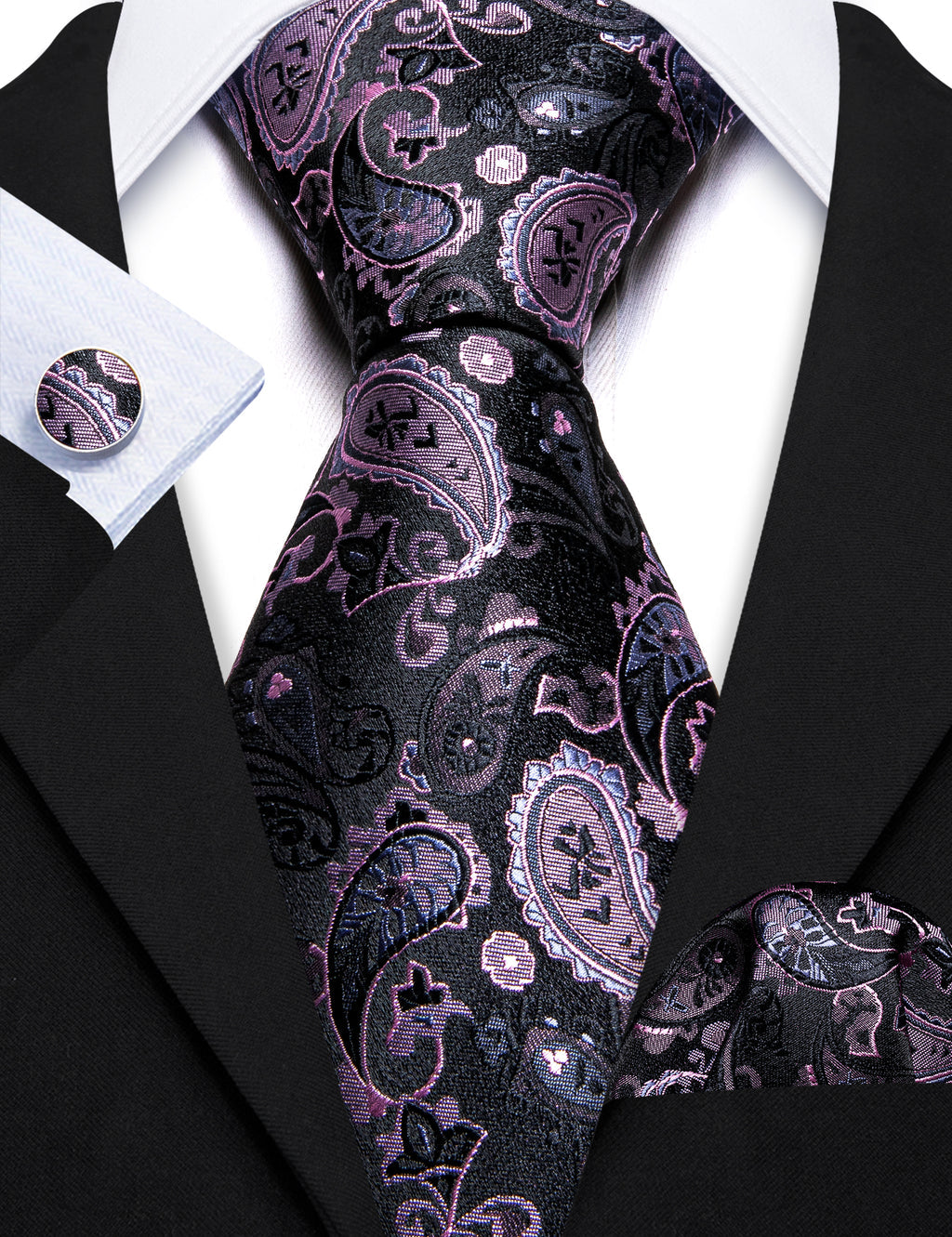 Black Pink Paisley Silk Tie, Pocket Square and Cufflinks Set tie sets - Sophisticated Gentlemen