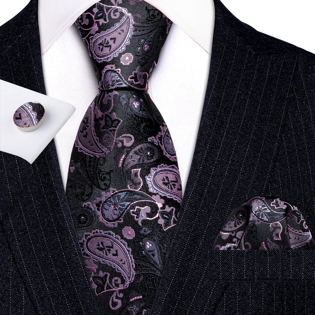 Black Pink Paisley Silk Tie, Pocket Square and Cufflinks Set tie sets - Sophisticated Gentlemen