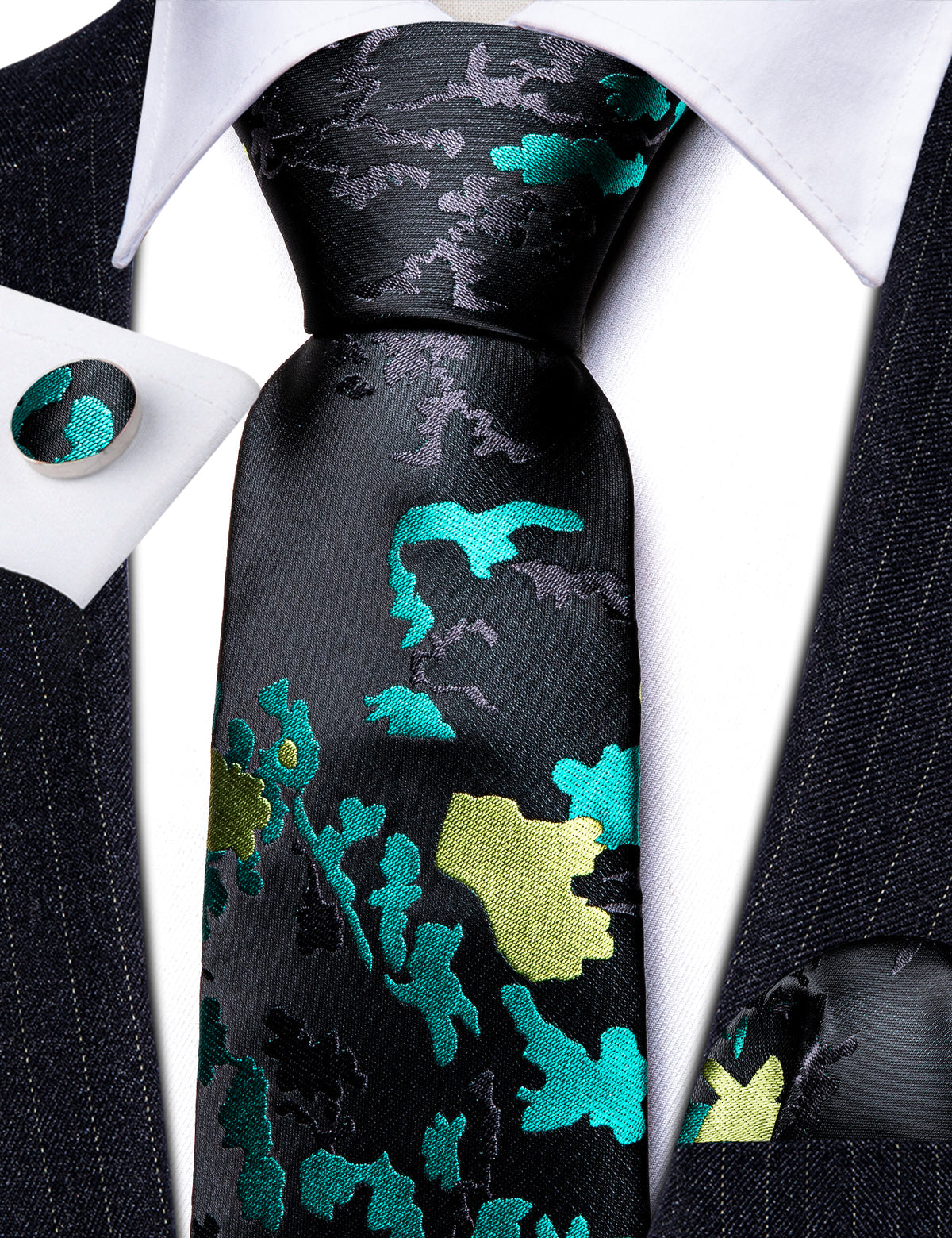 Black Blue Novetly Floral Silk Tie, Pocket Square and Cufflinks Set tie sets - Sophisticated Gentlemen