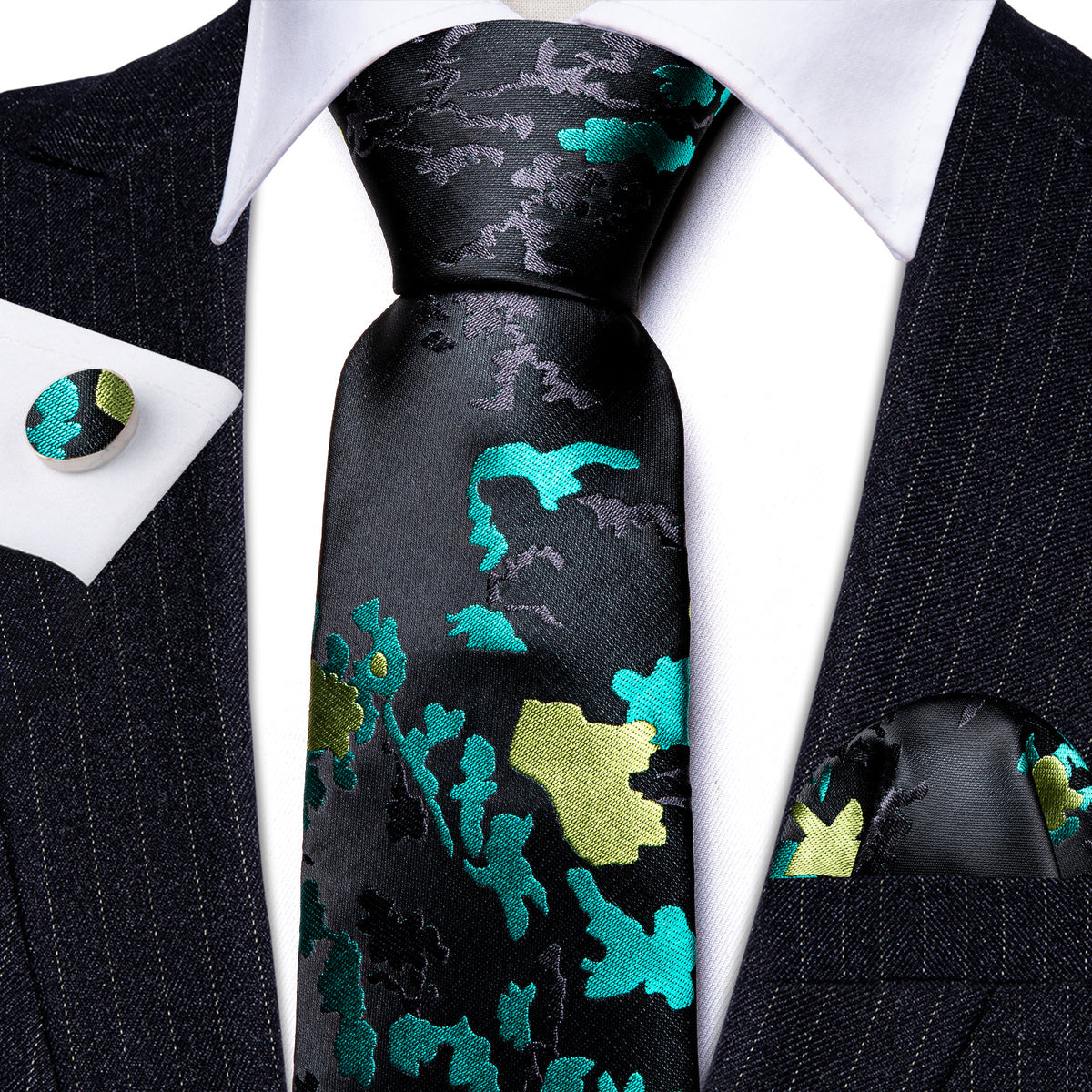 Black Blue Novetly Floral Silk Tie, Pocket Square and Cufflinks Set tie sets - Sophisticated Gentlemen