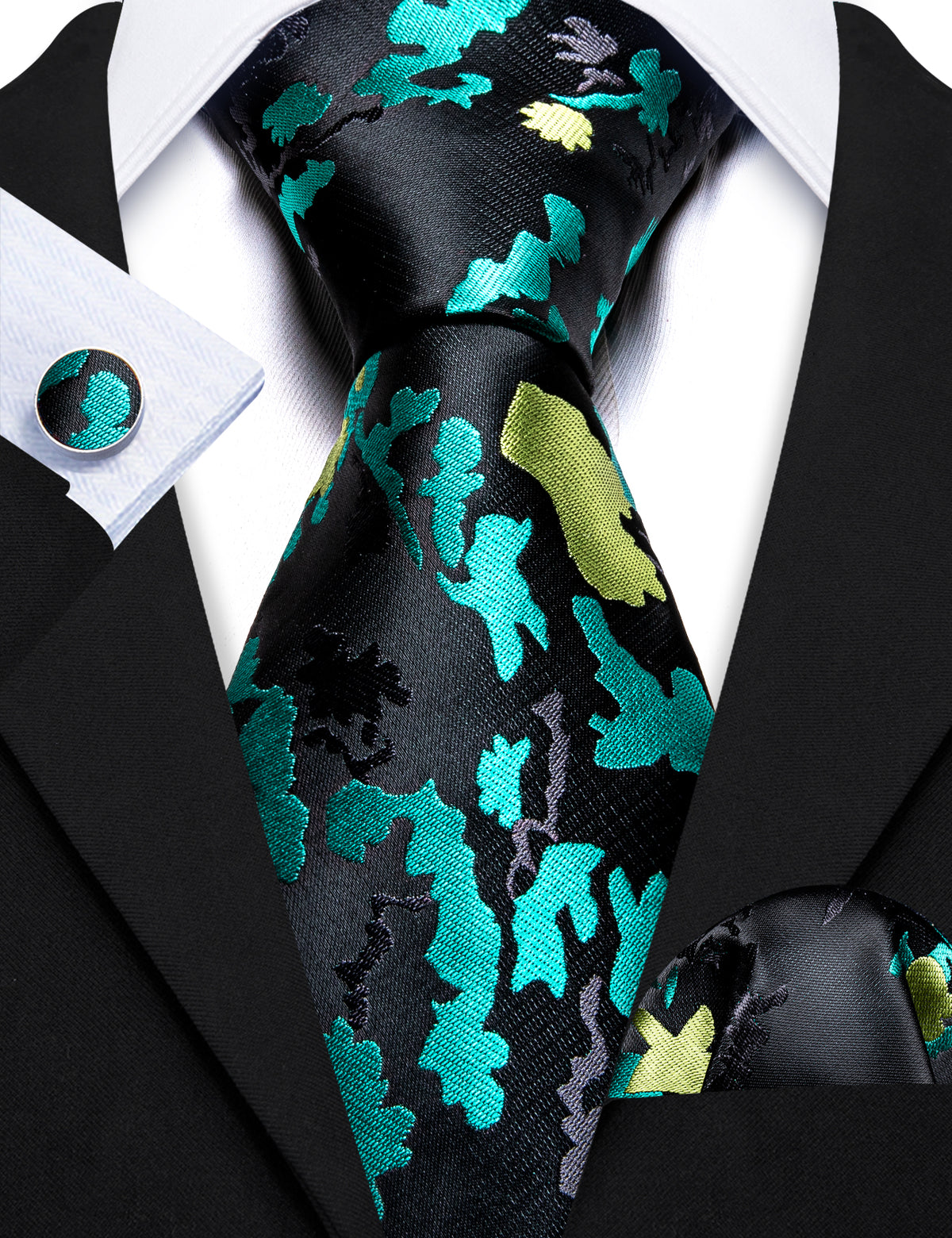 Black Blue Novetly Floral Silk Tie, Pocket Square and Cufflinks Set tie sets - Sophisticated Gentlemen