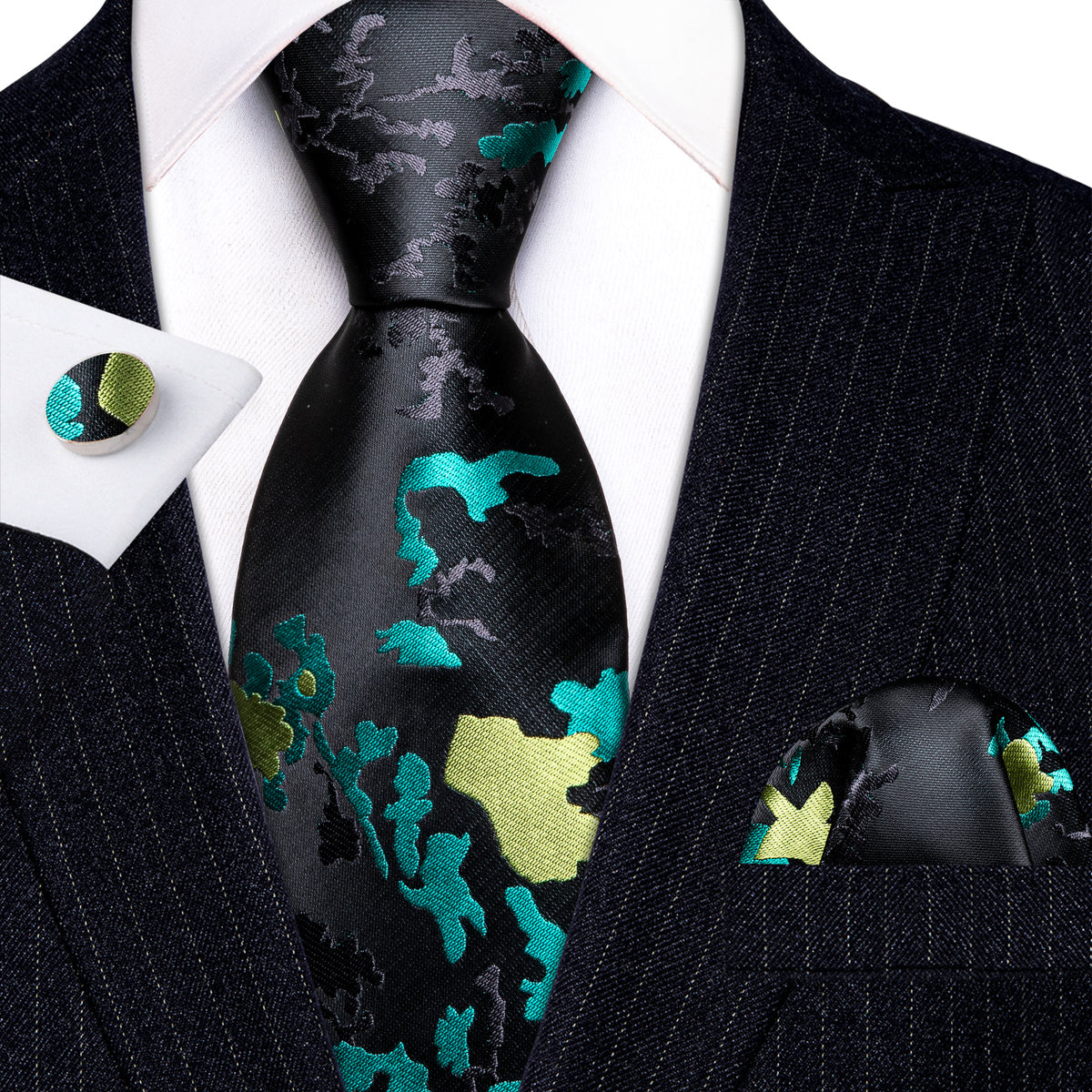 Black Blue Novetly Floral Silk Tie, Pocket Square and Cufflinks Set tie sets - Sophisticated Gentlemen
