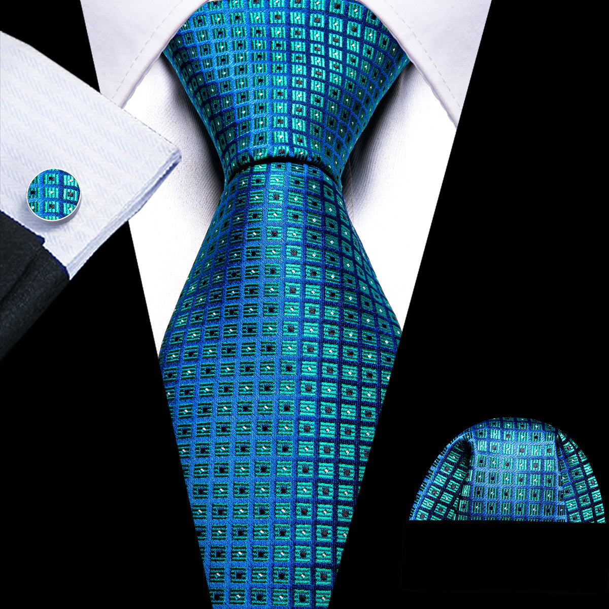 Blue Novetly Plaid Silk Tie, Pocket Square and Cufflinks Set tie sets - Sophisticated Gentlemen