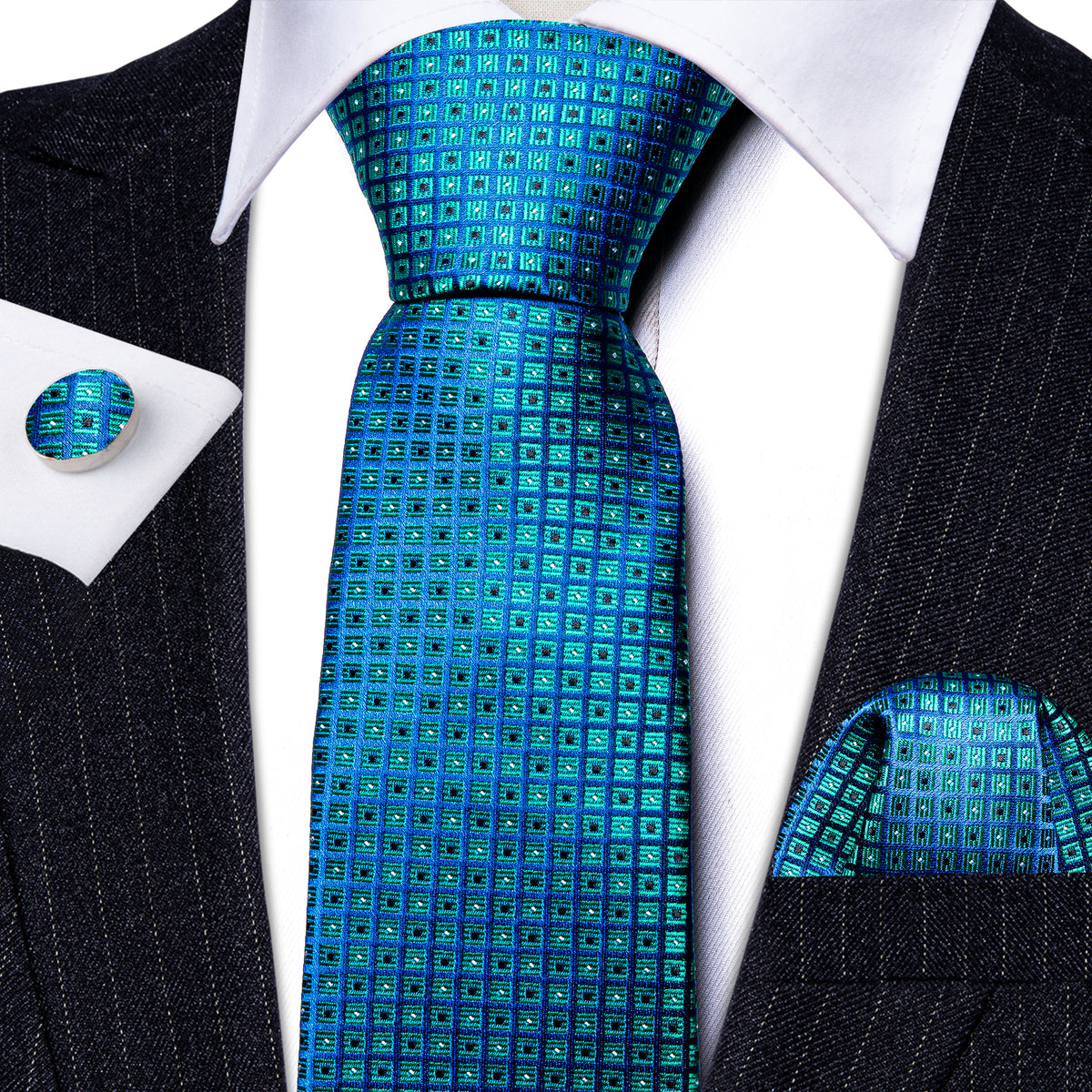 Blue Novetly Plaid Silk Tie, Pocket Square and Cufflinks Set tie sets - Sophisticated Gentlemen