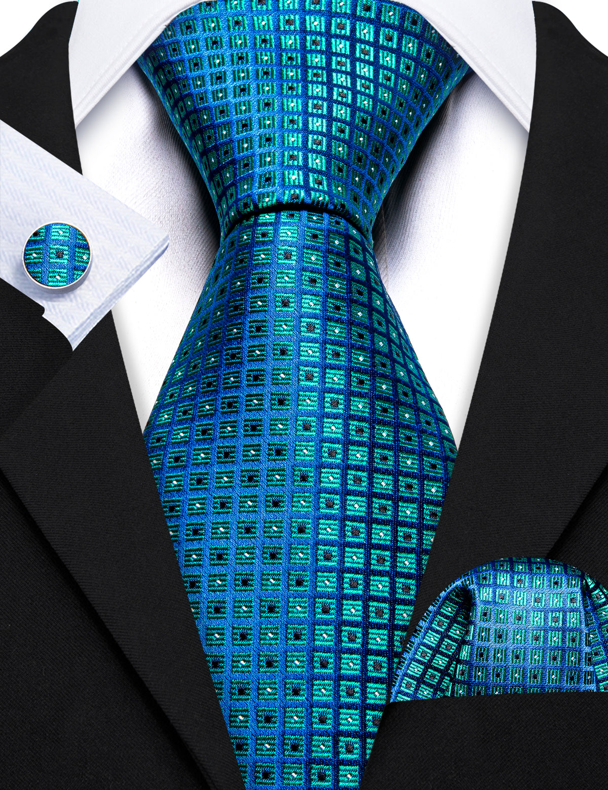 Blue Novetly Plaid Silk Tie, Pocket Square and Cufflinks Set tie sets - Sophisticated Gentlemen