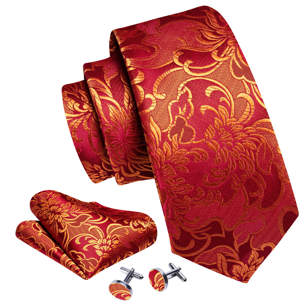 Red Gold Floral Paisley Silk Tie, Pocket Square and Cufflinks Set tie sets - Sophisticated Gentlemen
