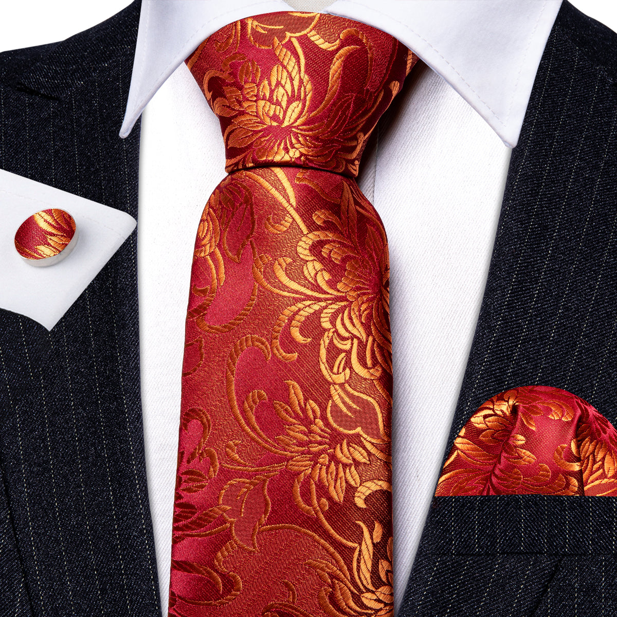Red Gold Floral Paisley Silk Tie, Pocket Square and Cufflinks Set tie sets - Sophisticated Gentlemen