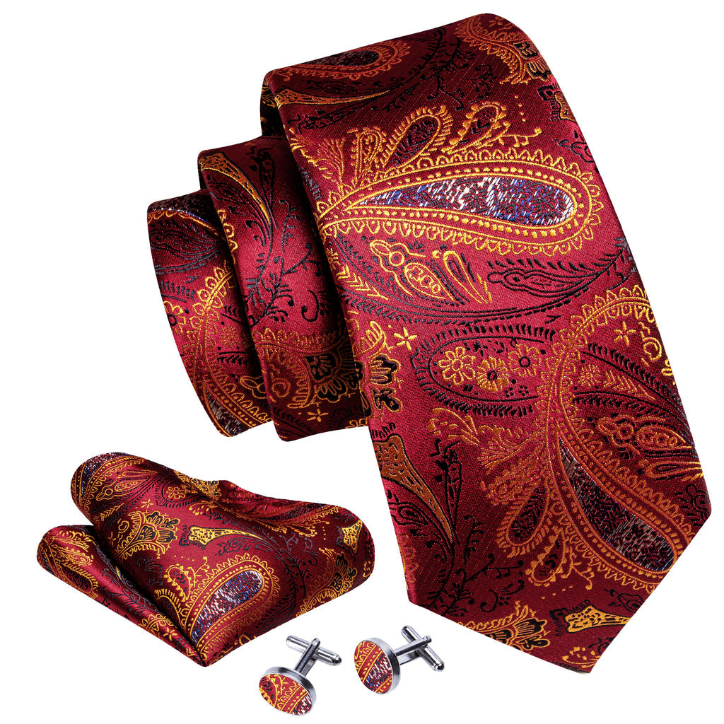 Bronze Red Paisley Silk Tie, Pocket Square and Cufflinks Set tie sets - Sophisticated Gentlemen