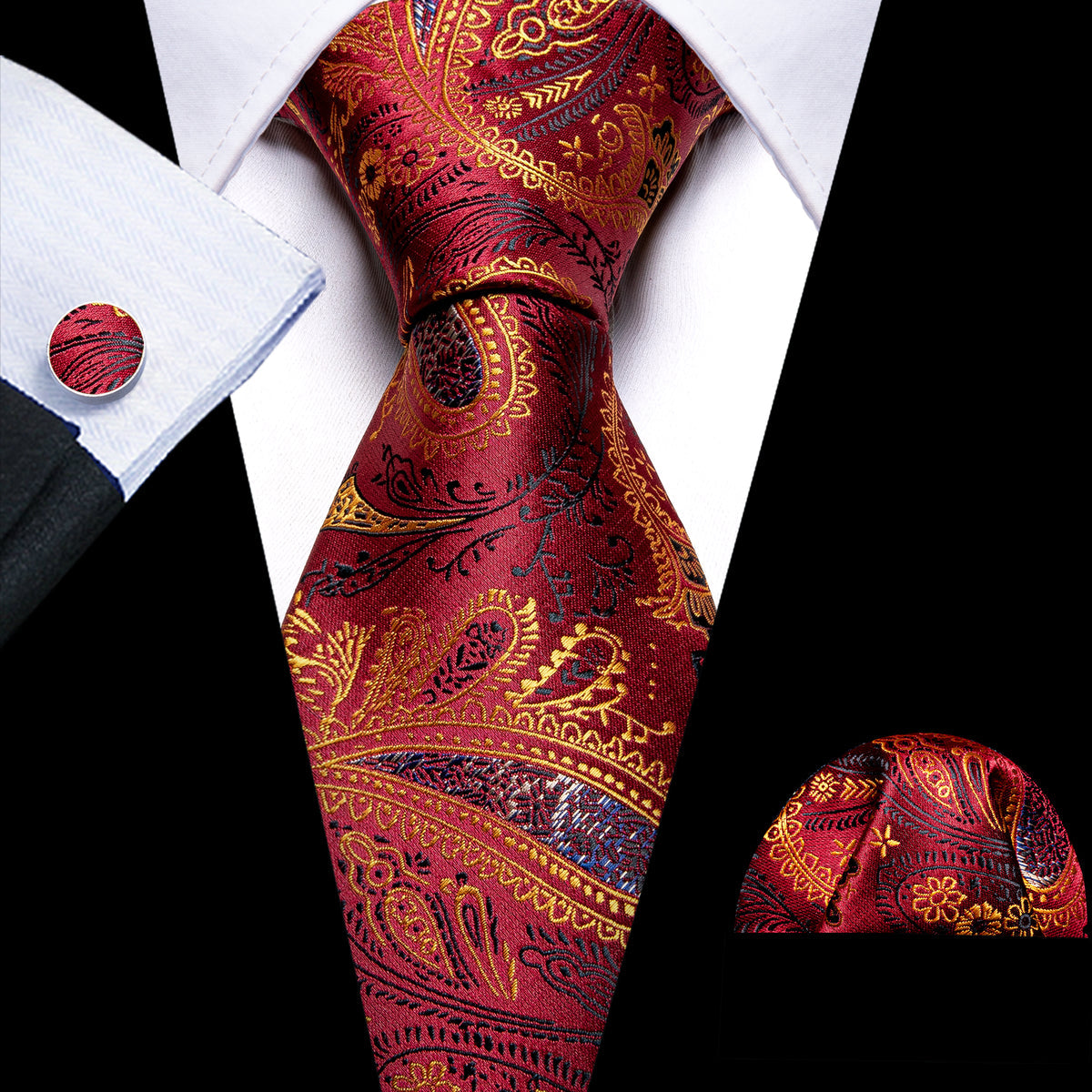 Bronze Red Paisley Silk Tie, Pocket Square and Cufflinks Set tie sets - Sophisticated Gentlemen