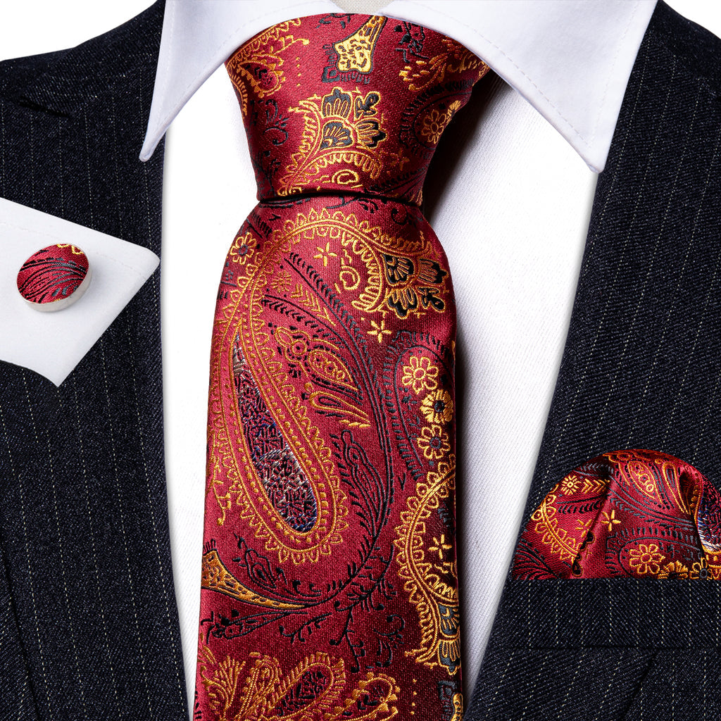 Bronze Red Paisley Silk Tie, Pocket Square and Cufflinks Set tie sets - Sophisticated Gentlemen