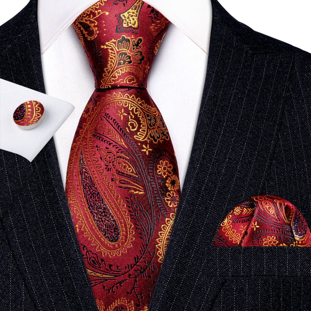 Bronze Red Paisley Silk Tie, Pocket Square and Cufflinks Set tie sets - Sophisticated Gentlemen