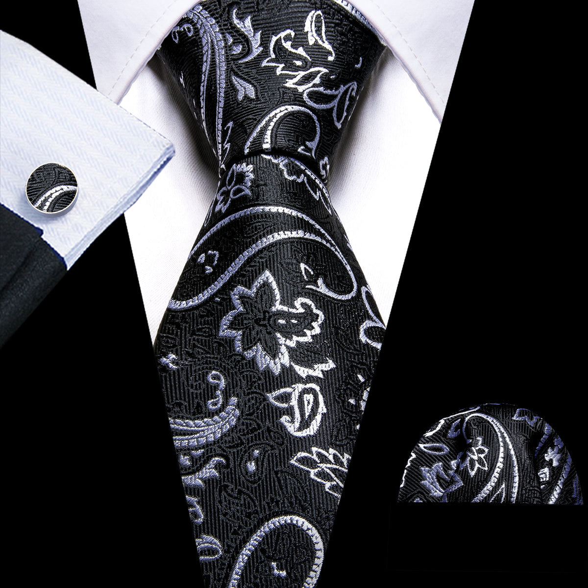Luxury Black White Paisley Silk Tie, Pocket Square and Cufflinks Set tie sets - Sophisticated Gentlemen