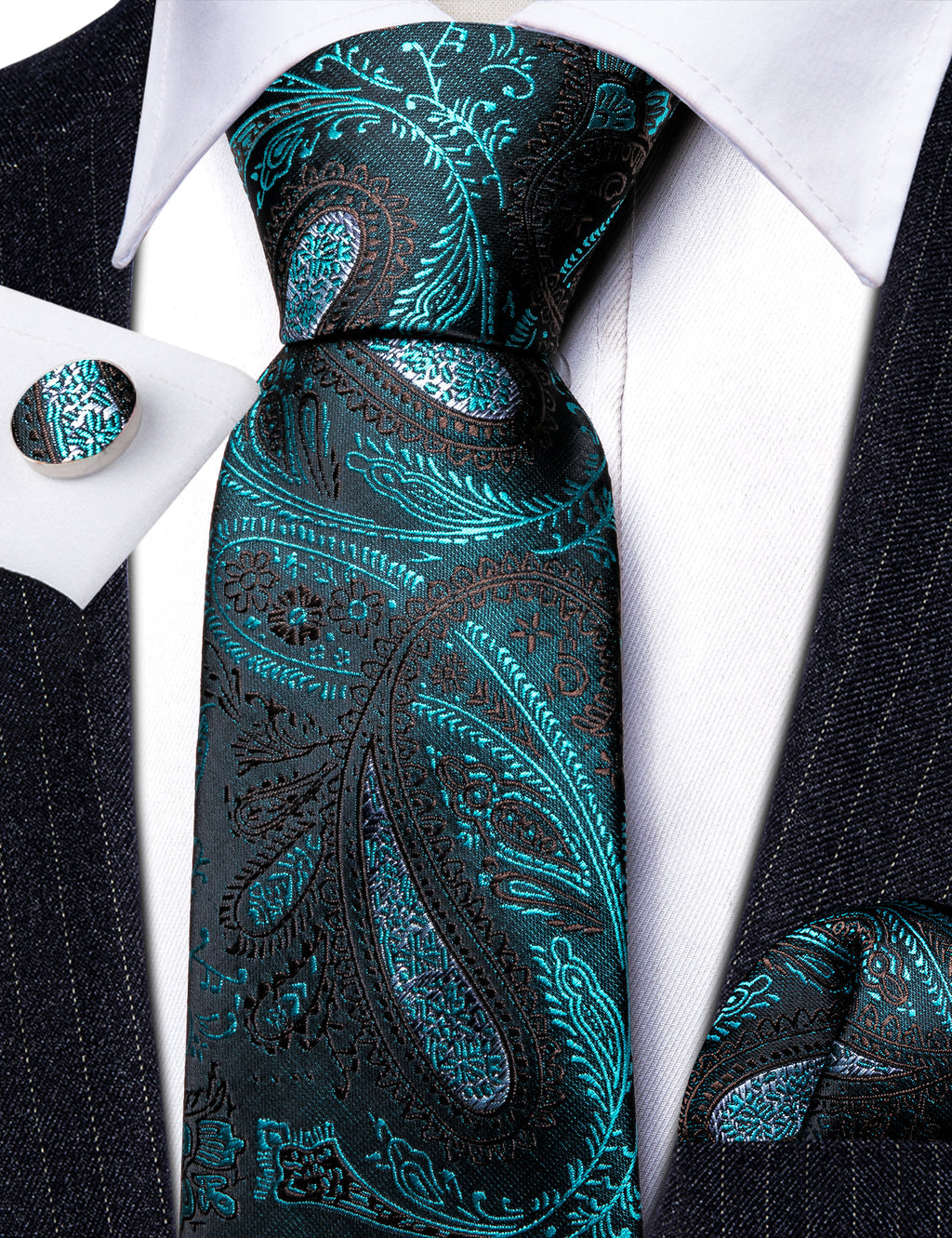 Black Blue Paisley Silk Tie, Pocket Square and Cufflinks Set tie sets - Sophisticated Gentlemen