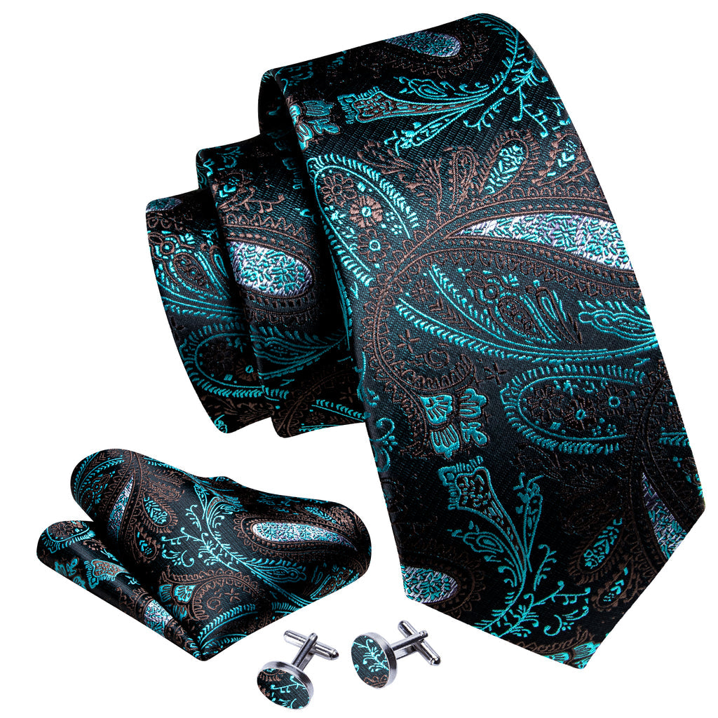 Black Blue Paisley Silk Tie, Pocket Square and Cufflinks Set tie sets - Sophisticated Gentlemen