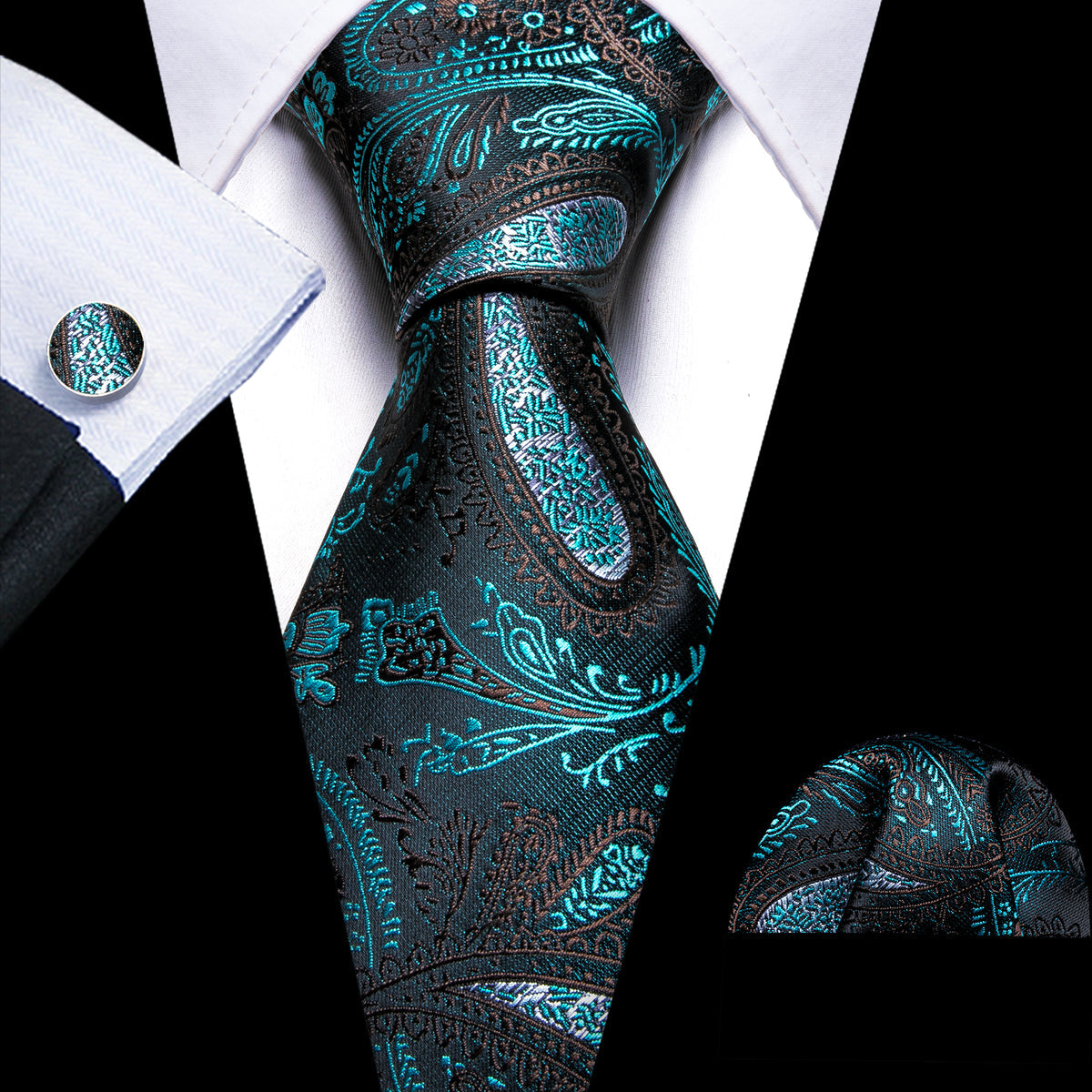 Black Blue Paisley Silk Tie, Pocket Square and Cufflinks Set tie sets - Sophisticated Gentlemen