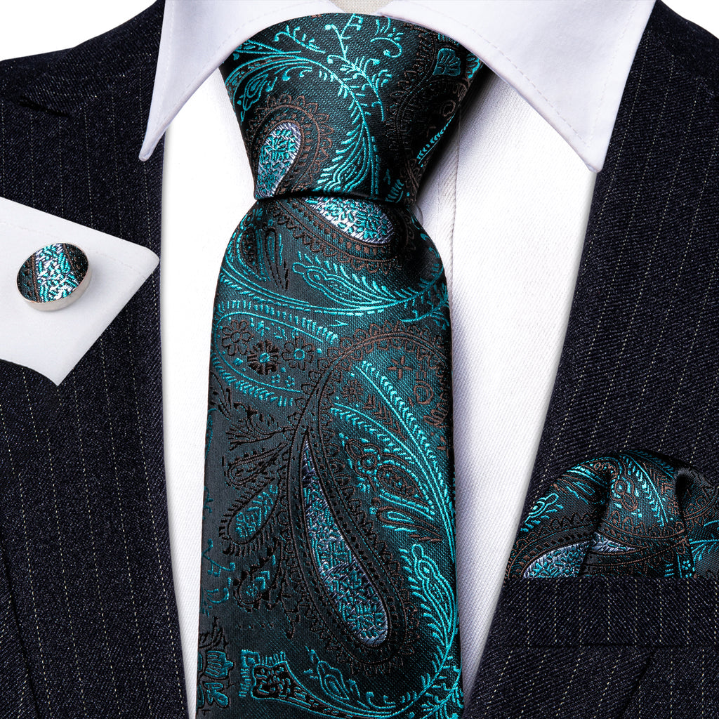 Black Blue Paisley Silk Tie, Pocket Square and Cufflinks Set tie sets - Sophisticated Gentlemen