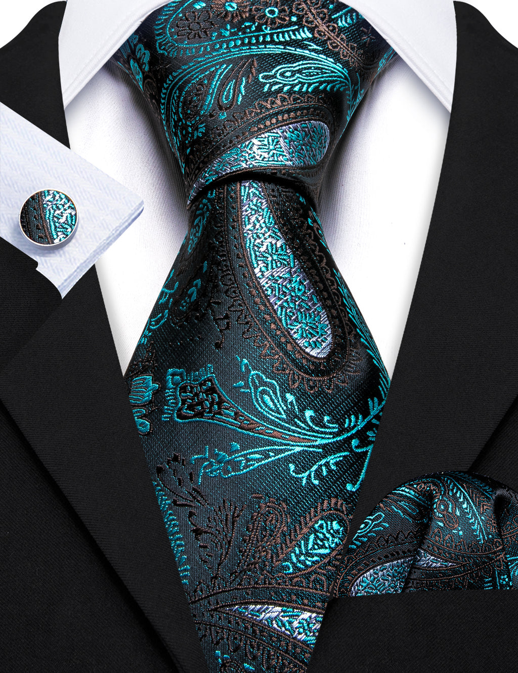 Black Blue Paisley Silk Tie, Pocket Square and Cufflinks Set tie sets - Sophisticated Gentlemen