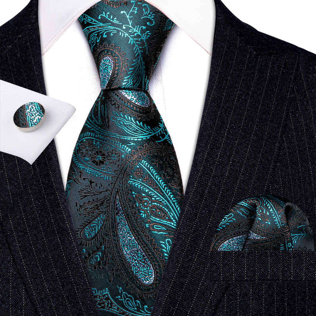 Black Blue Paisley Silk Tie, Pocket Square and Cufflinks Set tie sets - Sophisticated Gentlemen