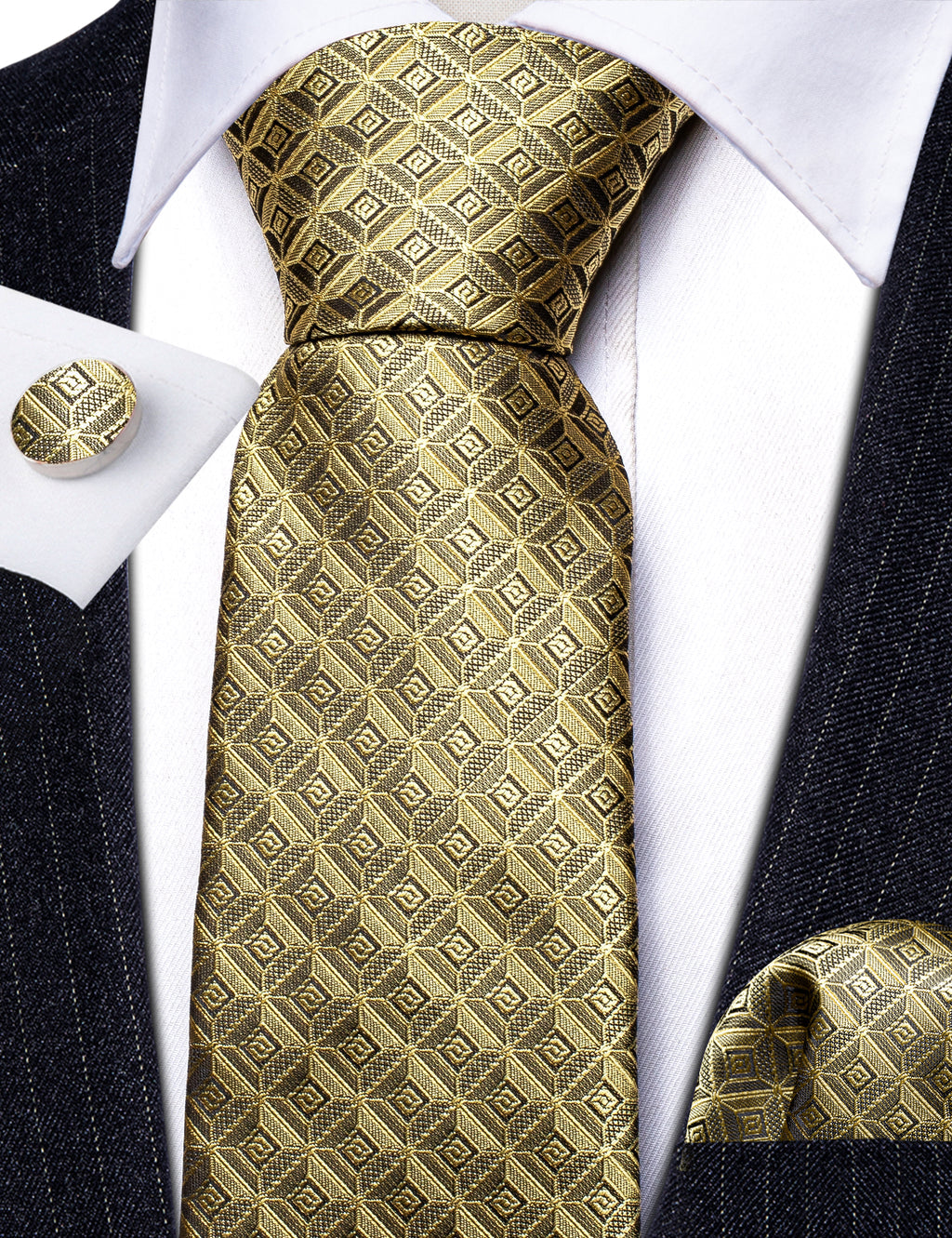 Khaki Novelty Plaid Silk Tie, Pocket Square and Cufflinks Set tie sets - Sophisticated Gentlemen