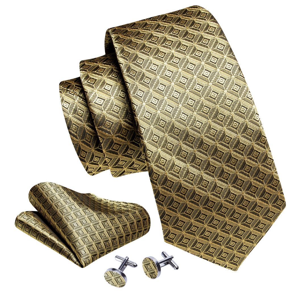 Khaki Novelty Plaid Silk Tie, Pocket Square and Cufflinks Set tie sets - Sophisticated Gentlemen