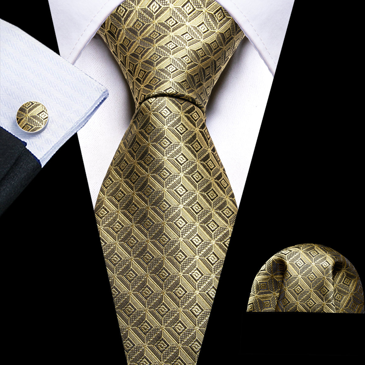 Khaki Novelty Plaid Silk Tie, Pocket Square and Cufflinks Set tie sets - Sophisticated Gentlemen