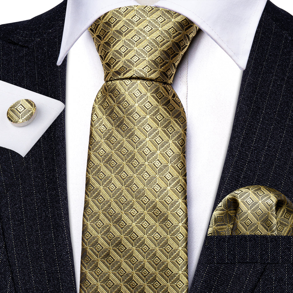 Khaki Novelty Plaid Silk Tie, Pocket Square and Cufflinks Set tie sets - Sophisticated Gentlemen
