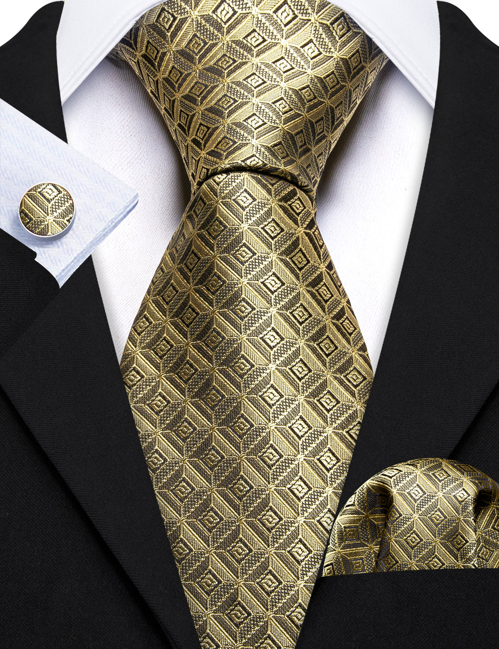 Khaki Novelty Plaid Silk Tie, Pocket Square and Cufflinks Set tie sets - Sophisticated Gentlemen