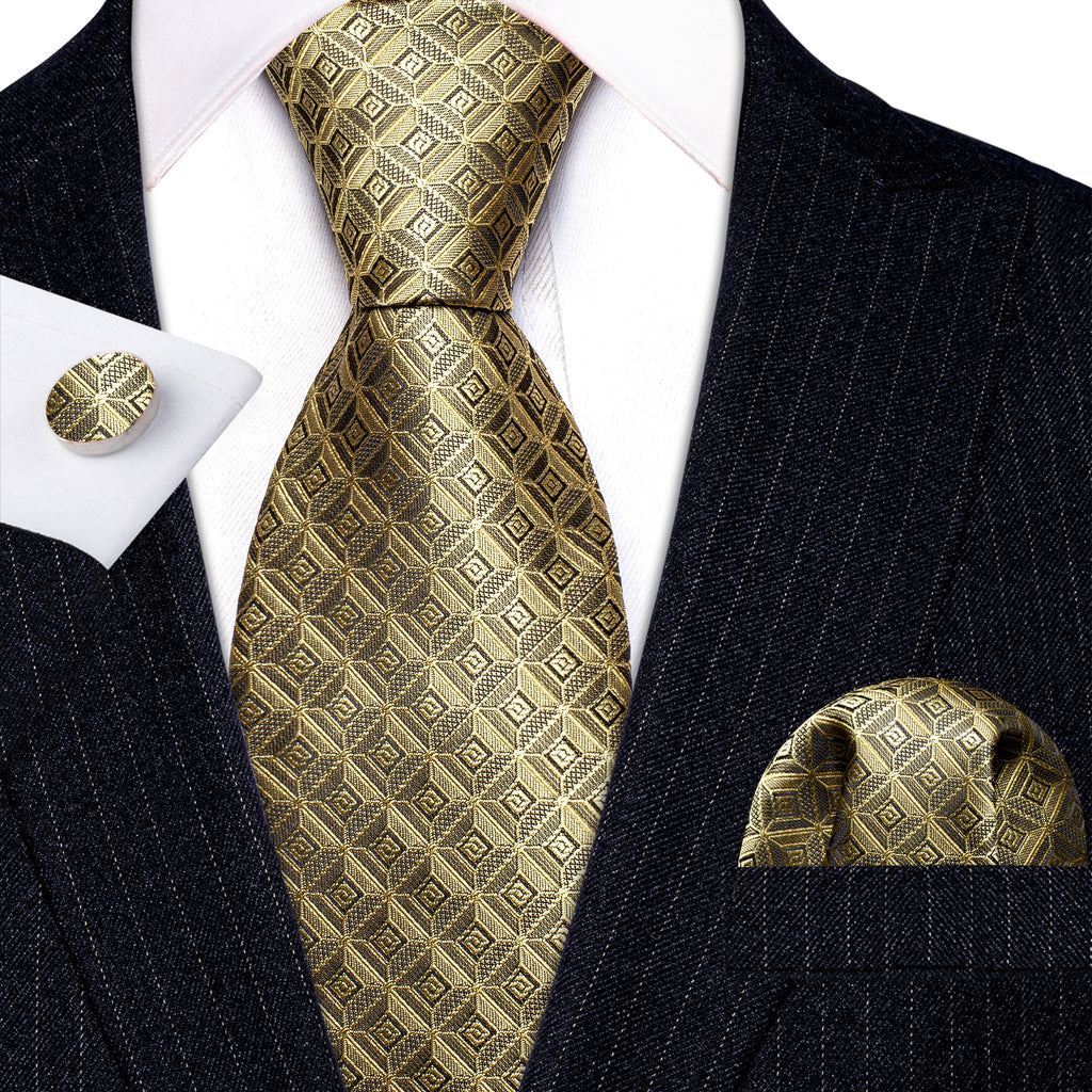 Khaki Novelty Plaid Silk Tie, Pocket Square and Cufflinks Set tie sets - Sophisticated Gentlemen