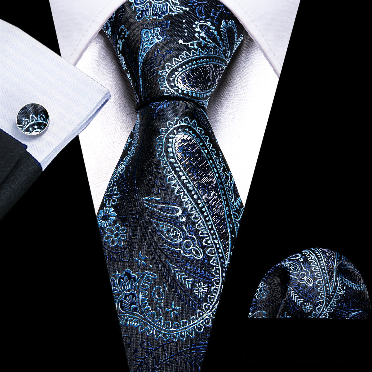 Shining Black Blue Paisley Tie, Pocket Square and Cufflinks Set tie sets - Sophisticated Gentlemen