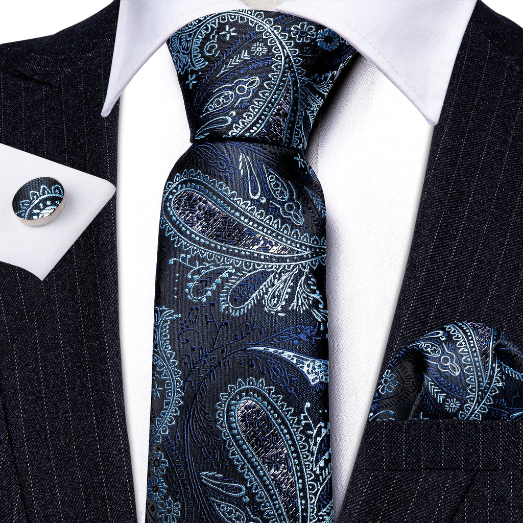 Shining Black Blue Paisley Tie, Pocket Square and Cufflinks Set tie sets - Sophisticated Gentlemen