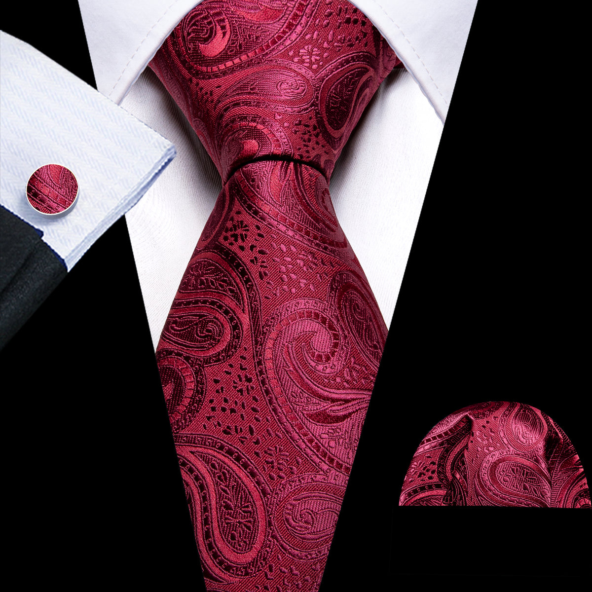 Burgundy Shining Paisley Silk Tie, Pocket Square and Cufflinks Set tie sets - Sophisticated Gentlemen